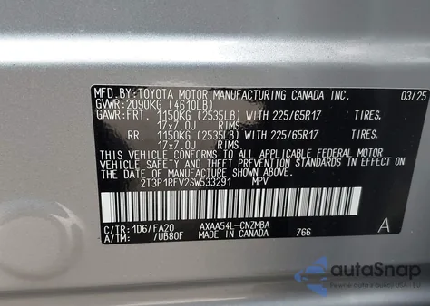 2025 Toyota Rav4 Xle from USA, damaged, VIN 2T3P1RFV2SW533291